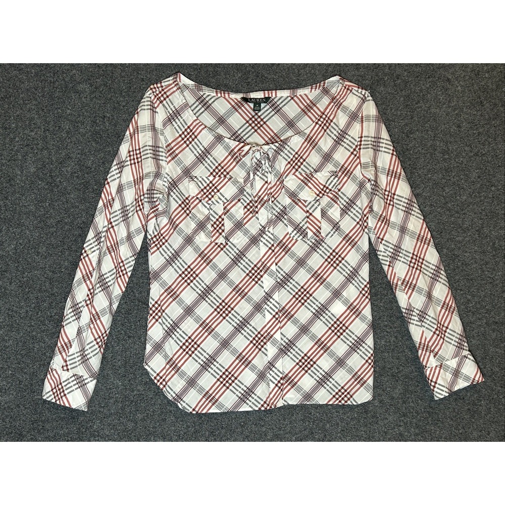 Ralph Lauren Women's MEDIUM Blouse Red, Black, White Plaid Long Sleeve Stretch